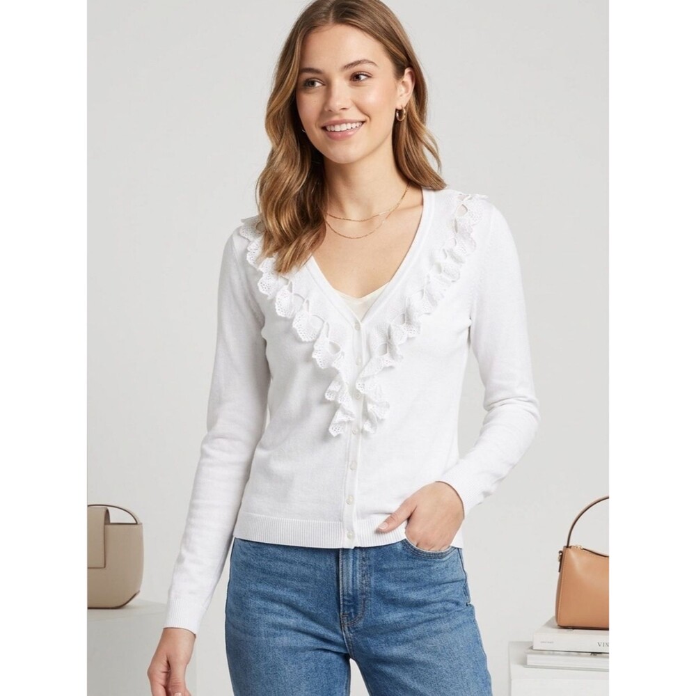 CAbi White 100% Cotton Coquette Ruffle V-Neck Button Cardigan Sweater SZ M